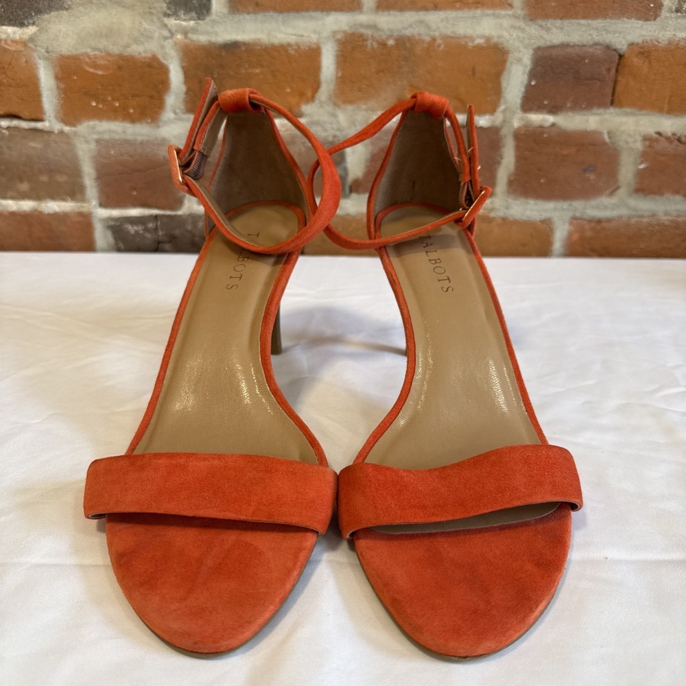 Talbots Sandals Womens 10 Orange Suede Ankle Strap Kitten Heel